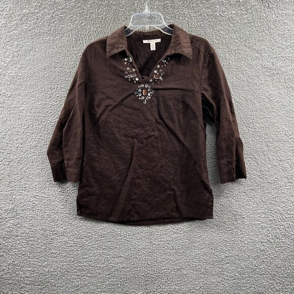 JM Collection Womens Top 10 Brown 100% Linen 3/4 Sleeve Pullover‎ Shirt Blouse - Picture 1 of 9